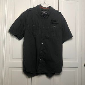 Harley Davidson Genuine Motor Clothes Stitched Text Button Up Shirt L grey